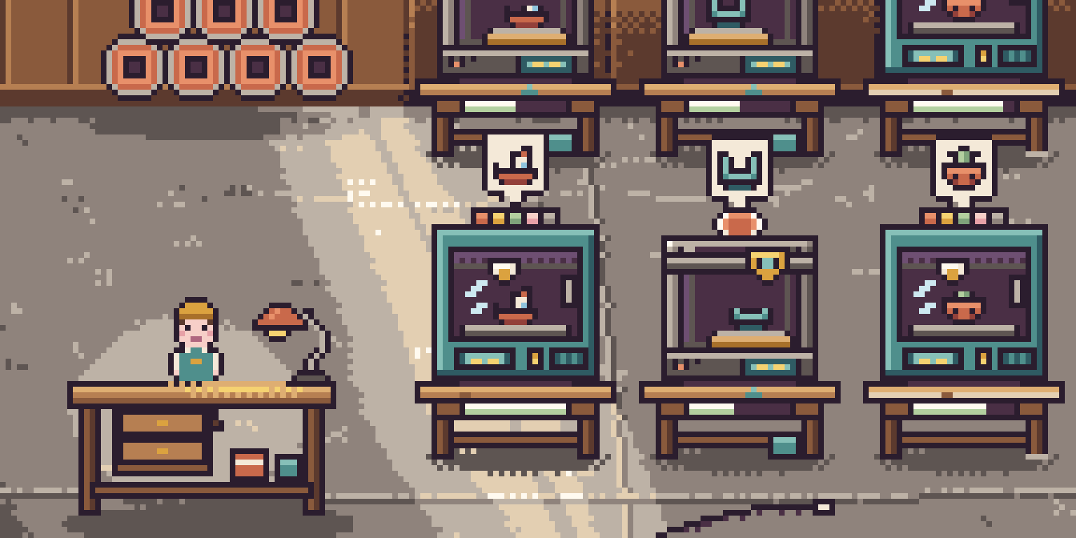 The workbench under a desk lamp with a stack of filament spools against the wall behind it, and three printers still running alongside.
