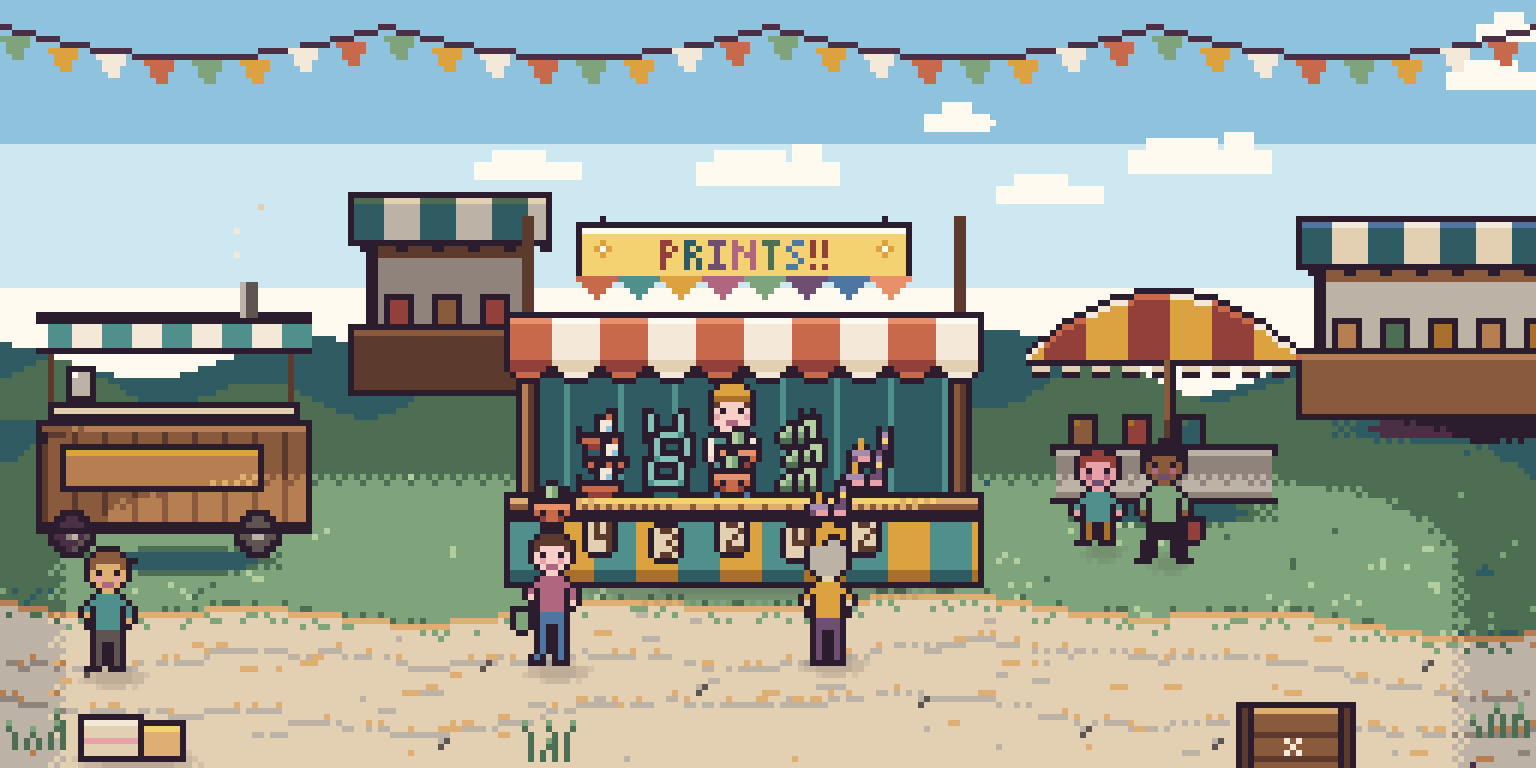 A market stall under the bunting with PRINTS!! on the sign, prints and price tags along the table, and shoppers on the path in front of it.